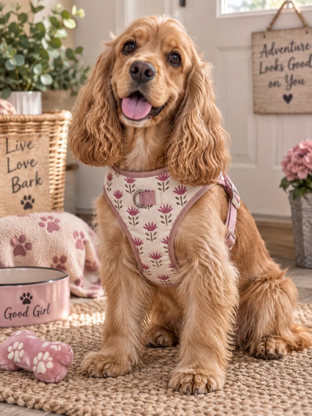 Top Paw Medium Dog Harness Pink Floral Embroidered Adjustable Vest